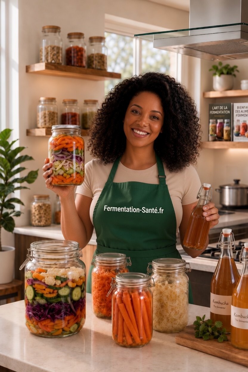 Murielle dans sa cuisine avec ses bocaux de légumes lacto-fermentés et kombucha — Fermentation-Santé.fr