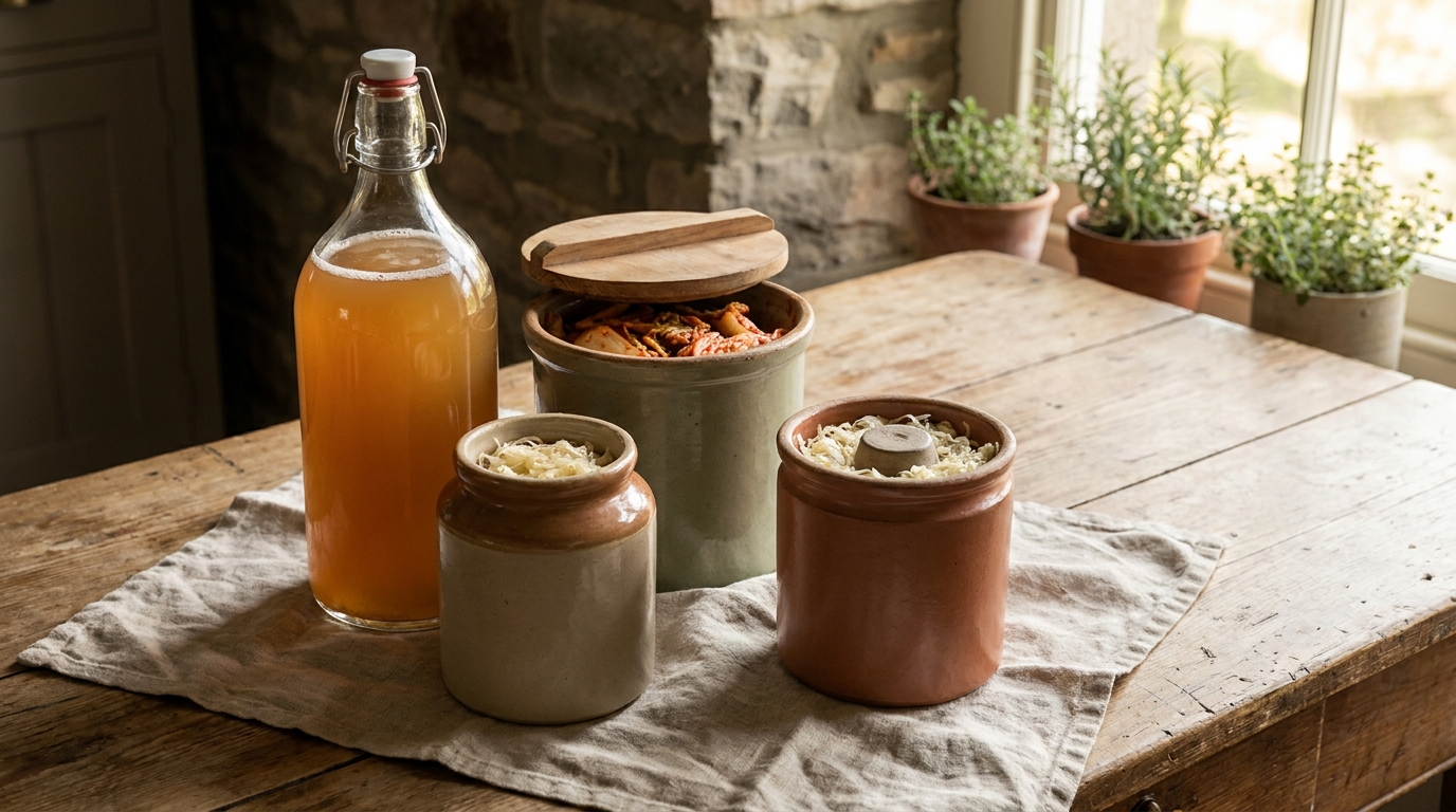 Collection de bocaux d'aliments fermentés : kombucha, kimchi et choucroute