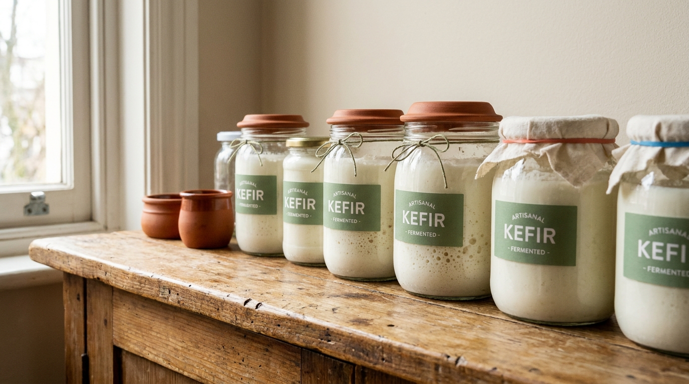 Bocaux de kéfir alignés sur un comptoir de cuisine en bois naturel