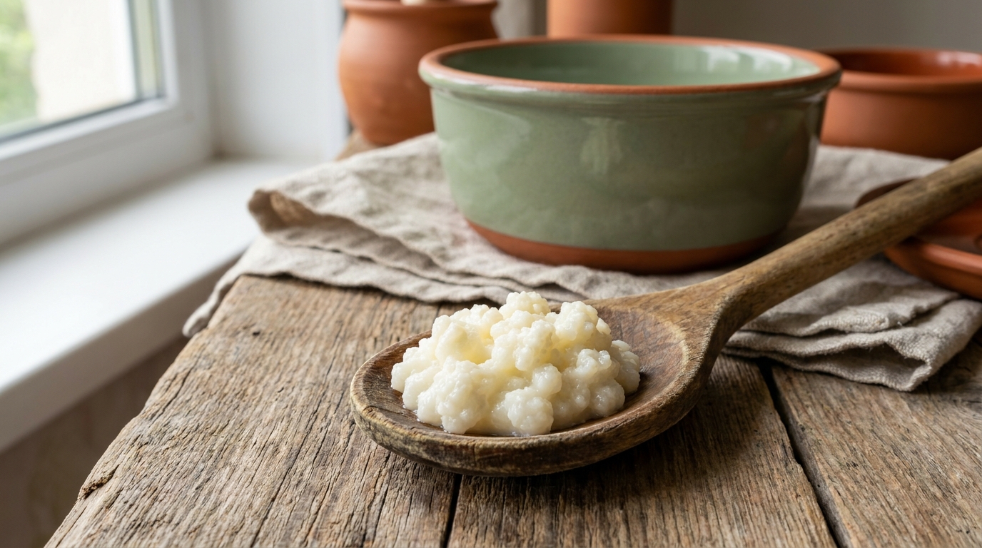 Grains de kéfir blancs sur une cuillère en bois, symbole de la fermentation artisanale