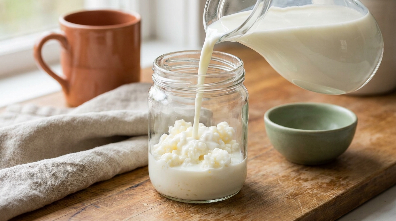 Lait frais versé sur des grains de kéfir dans un bocal en verre