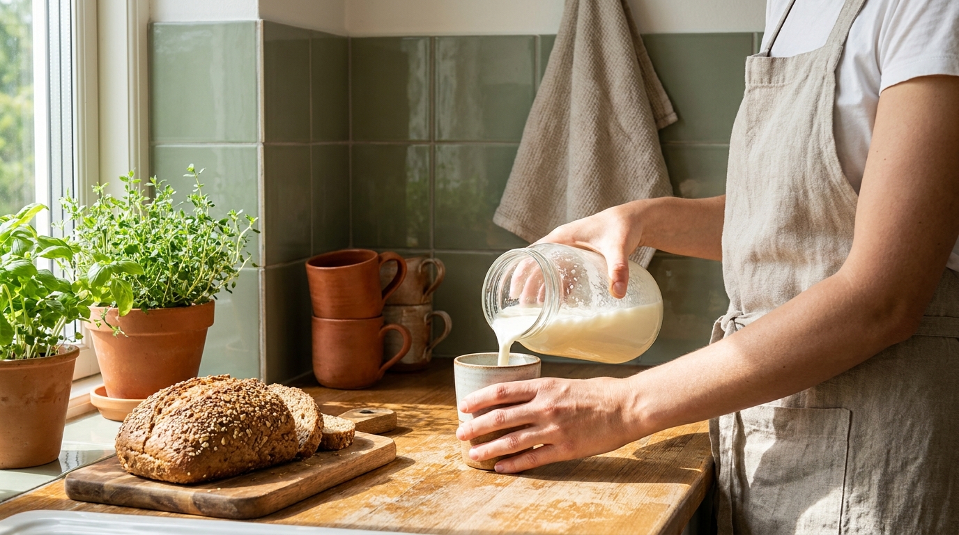 Versement de kéfir maison dans un verre dans une cuisine rustique française