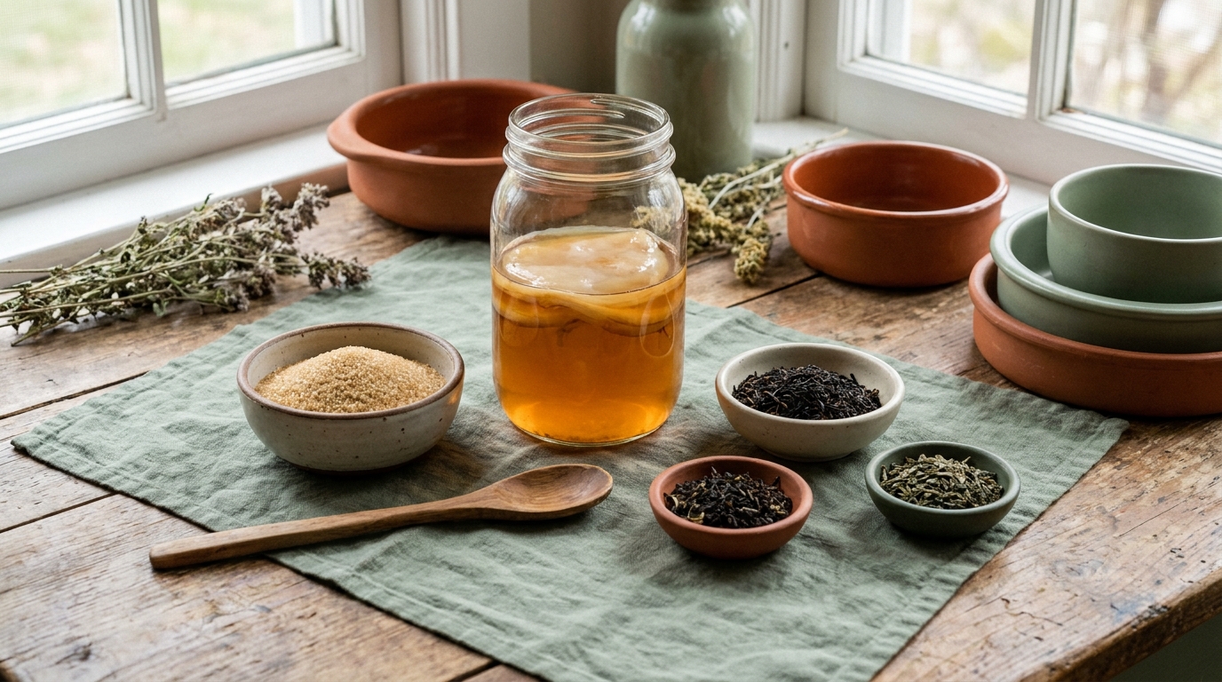 4 ingrédients seulement pour votre kombucha maison ingrédients kombucha maison thé sucre SCOBY starter
