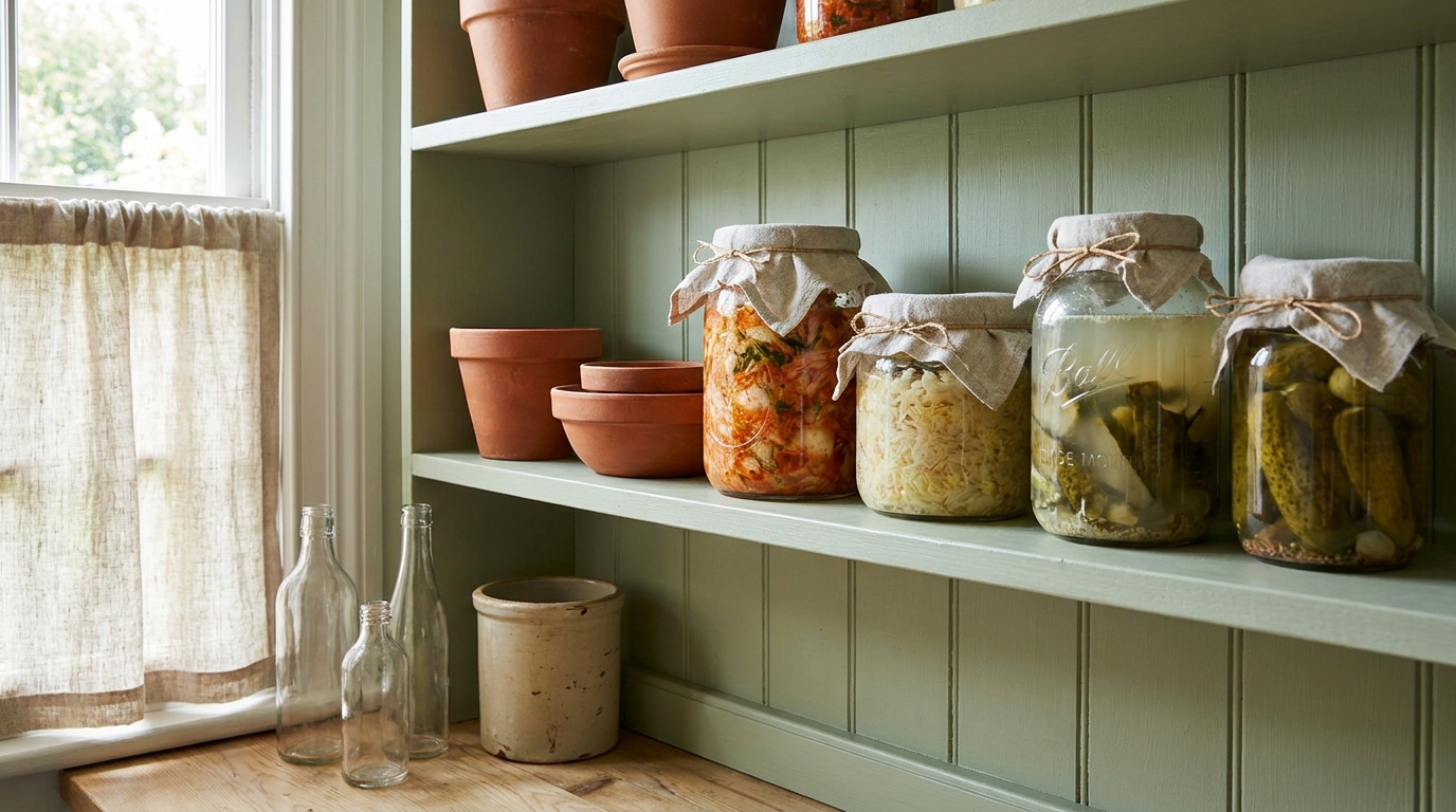 bocaux légumes fermentés sur une étagère cave maison