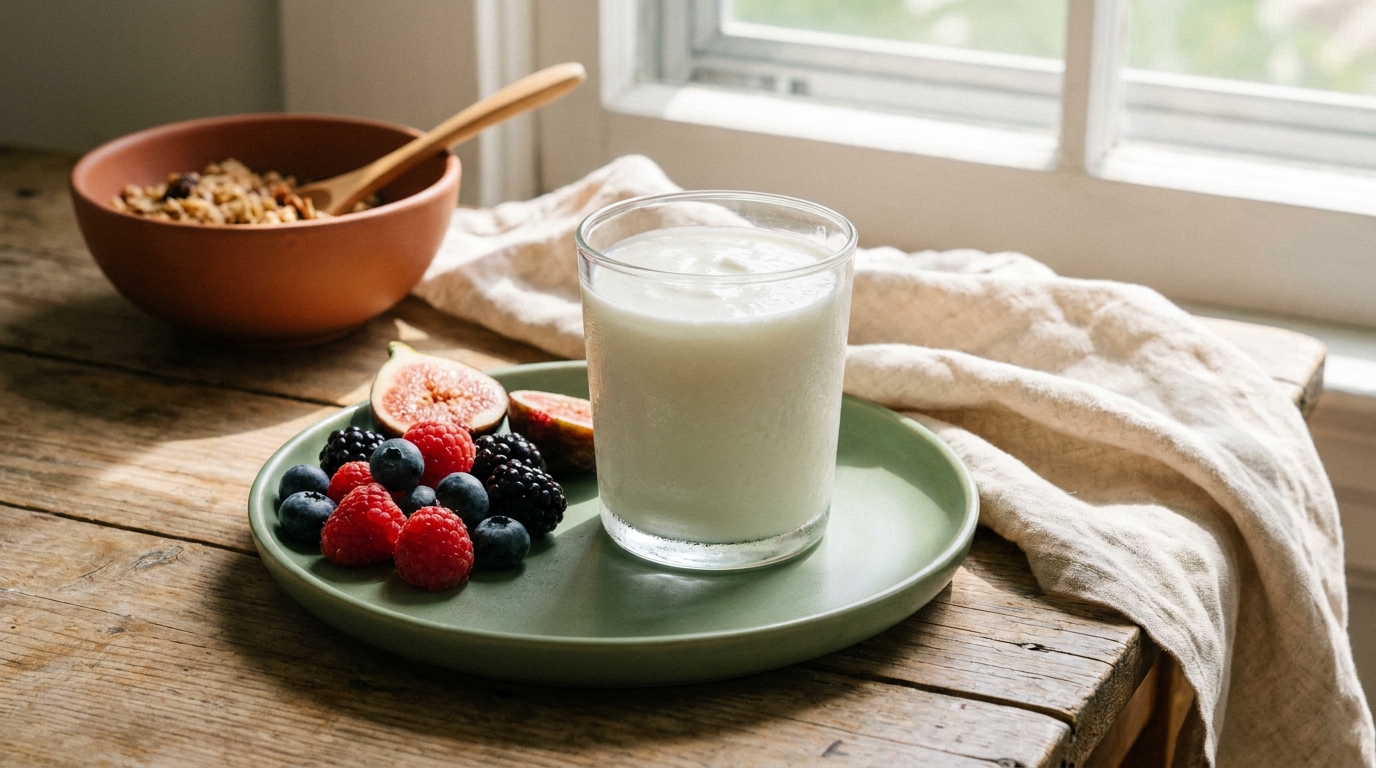 Verre de kéfir crémeux servi avec des fruits frais pour la santé intestinale
