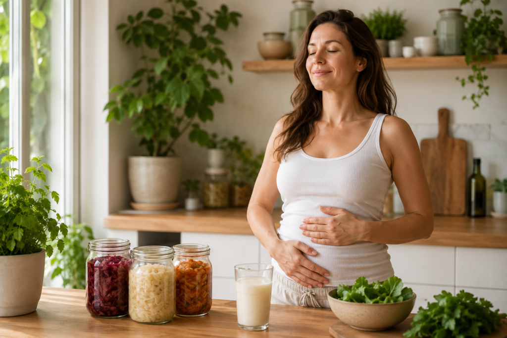 Femme détendue au ventre apaisé après avoir réduit ses ballonnements grâce aux aliments fermentés