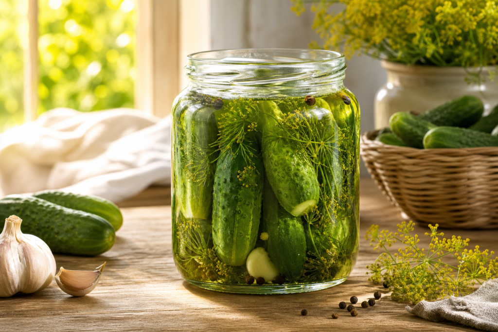 Bocal de cornichons lactofermentés maison avec aneth et ail sur table claire