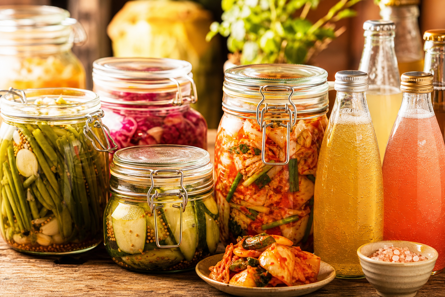 Bocaux colorés de légumes et boissons fermentées maison variées