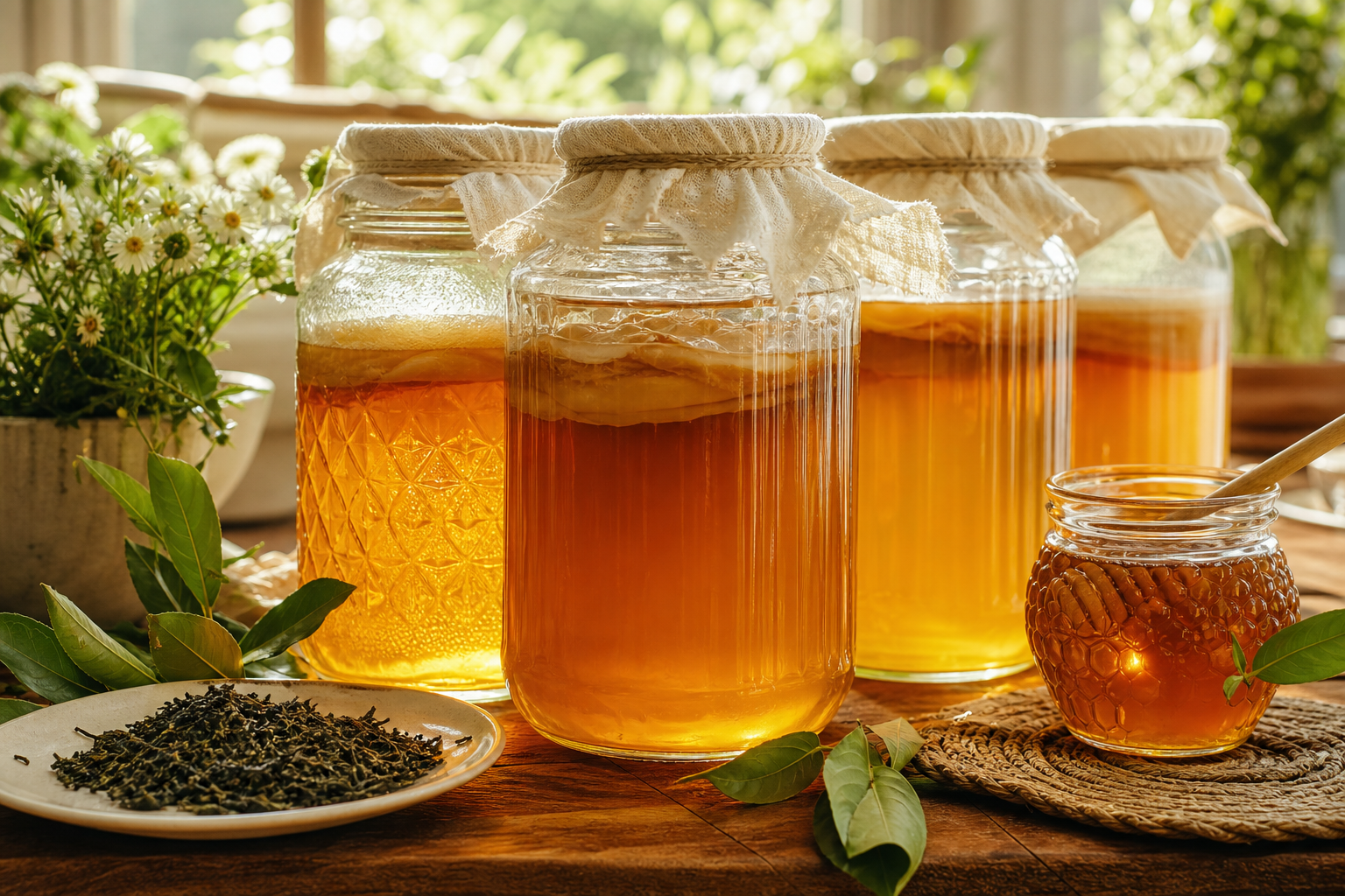 Bocaux de kombucha jun recette thé miel fermenté posés sur une table ensoleillée