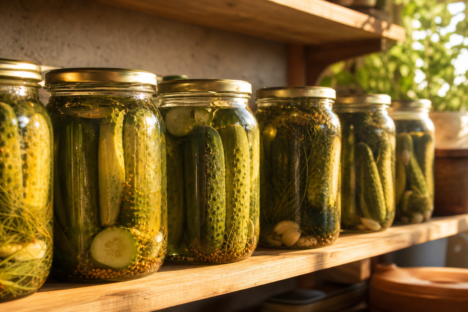 Bocaux de pickles lactofermentés maison recette alignés sur une étagère pour conservation