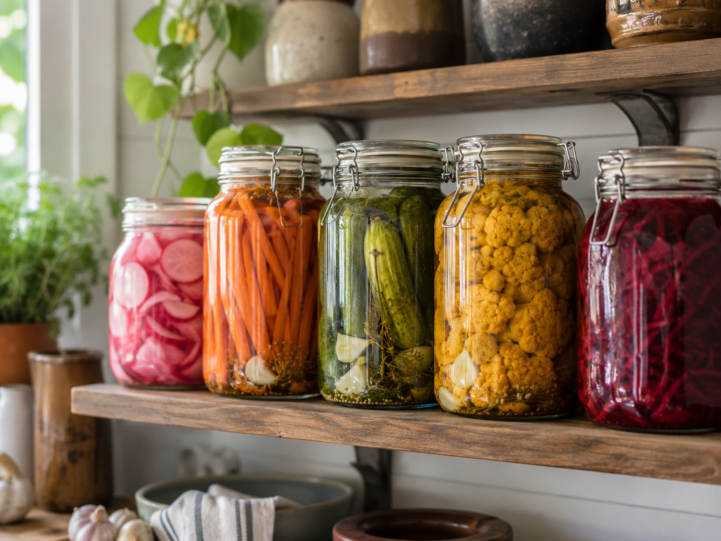 Bocaux de pickles lacto-fermentés prêts à la dégustation