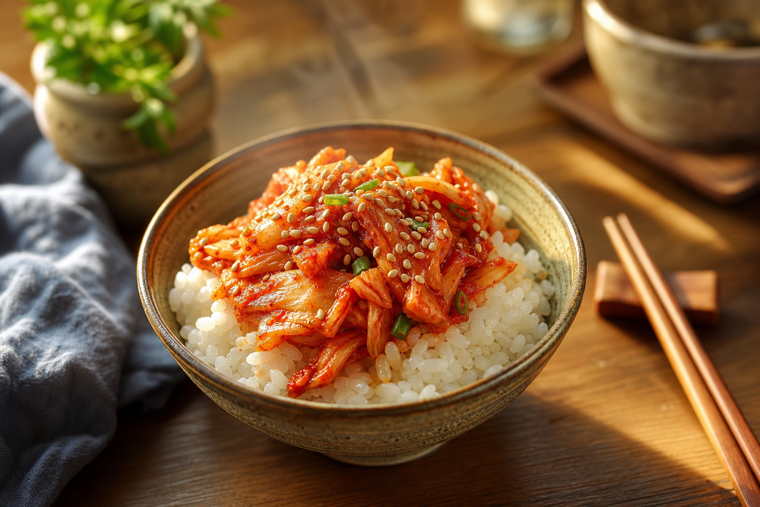 Bol de riz garni de kimchi fermenté coloré et appétissant