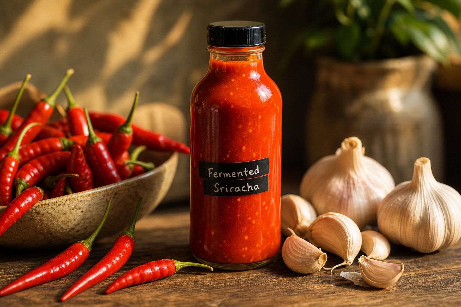 Bouteille de sriracha fermentée maison recette avec piments et ail