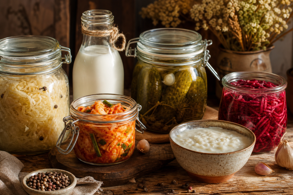 Aliments fermentés variés pour rééquilibrer le microbiote en cas de candidose