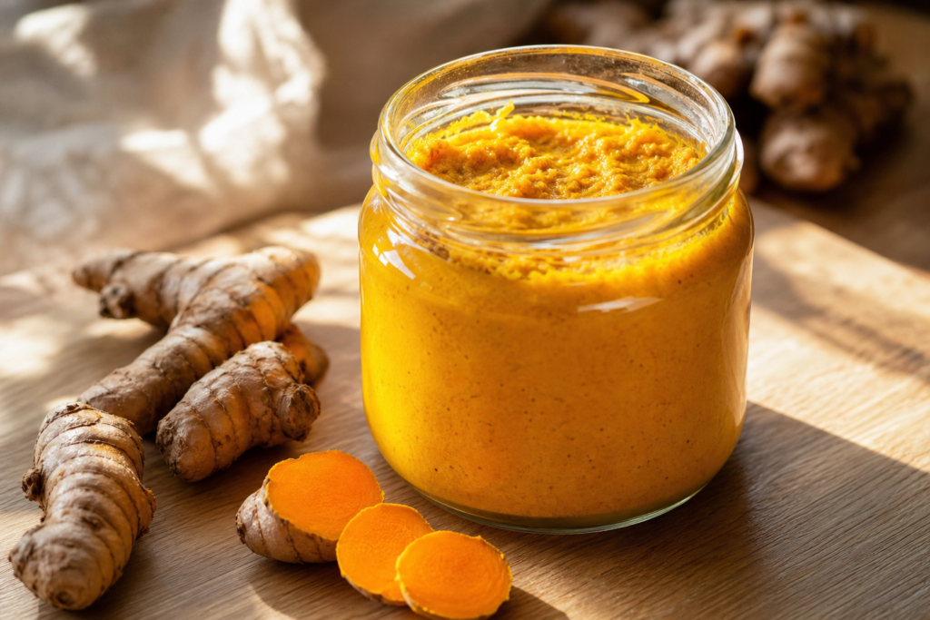 Bocal de curcuma fermenté doré posé sur une table en bois