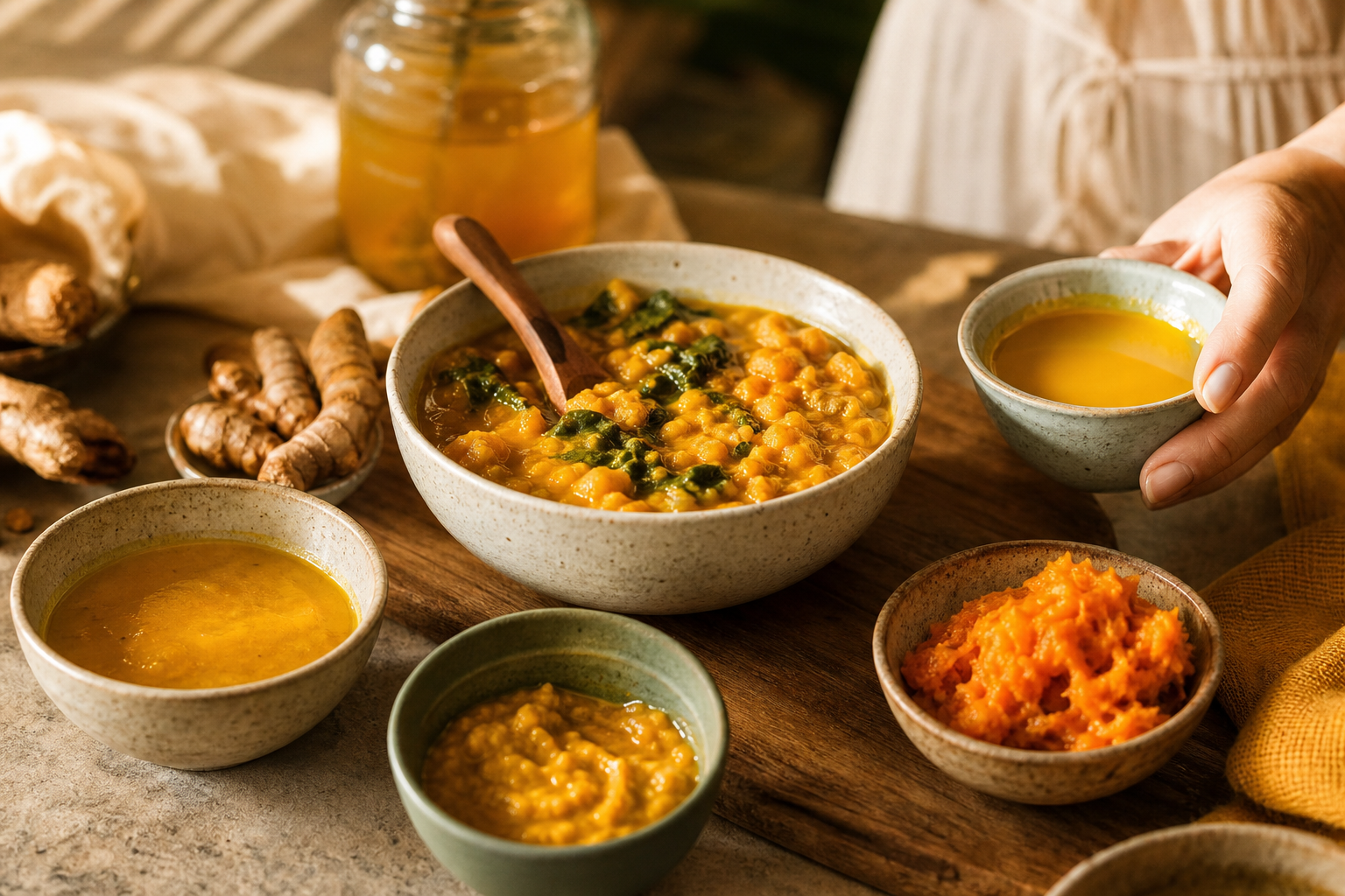 Curcuma fermentation absorption bienfaits : plats colorés au curcuma fermenté maison