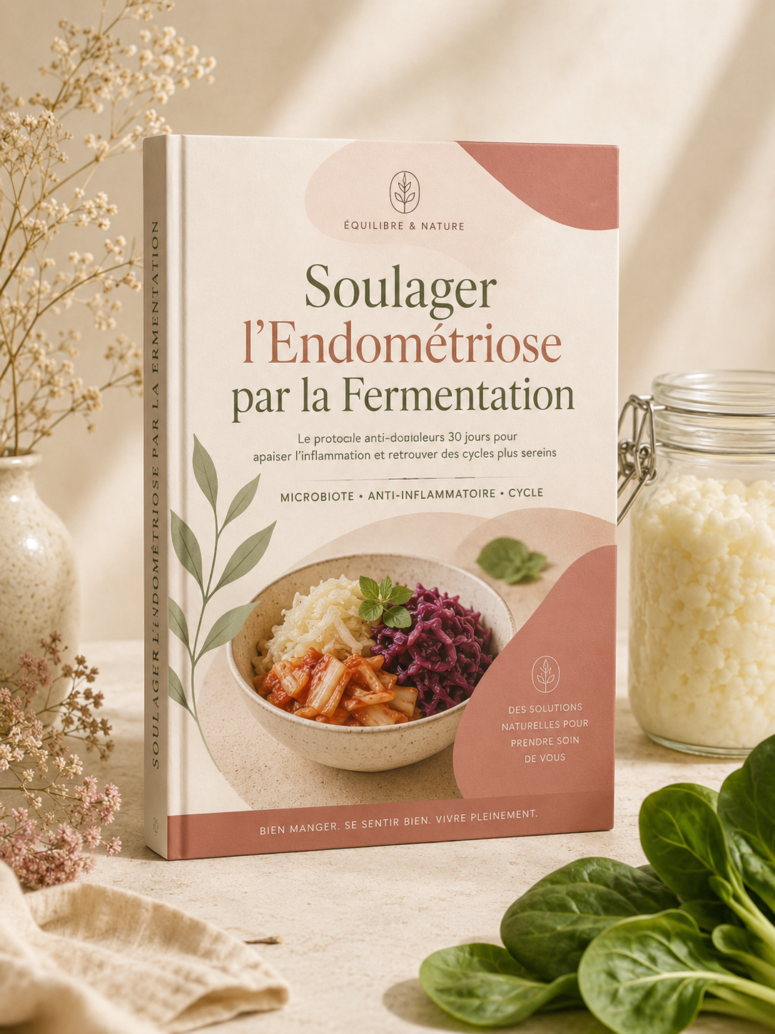 Mockup du livre Soulager l'Endométriose par la Fermentation, protocole anti-douleurs 30 jours avec recettes fermentées anti-inflammatoires