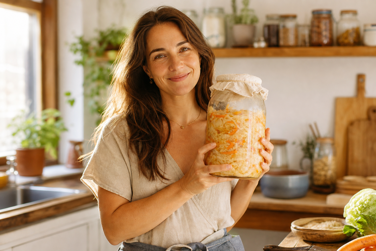 Femme apaisée tenant un bocal de fermentation maison en cuisine
