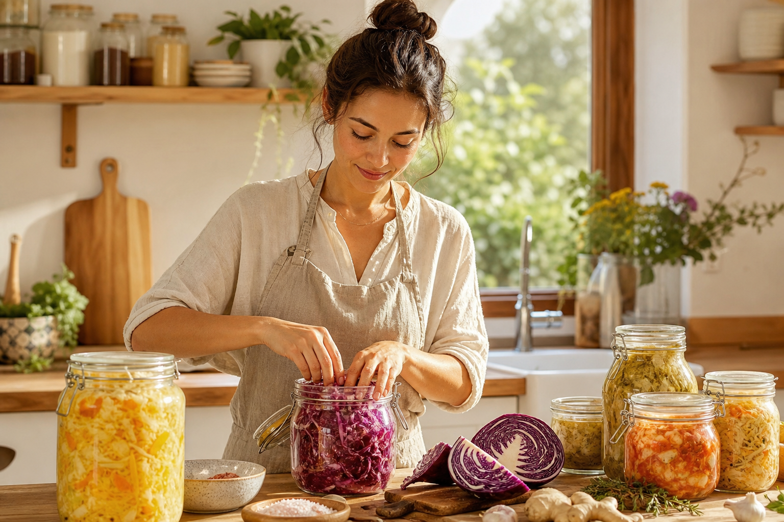 Femme préparant sereinement des aliments fermentés en cuisine
