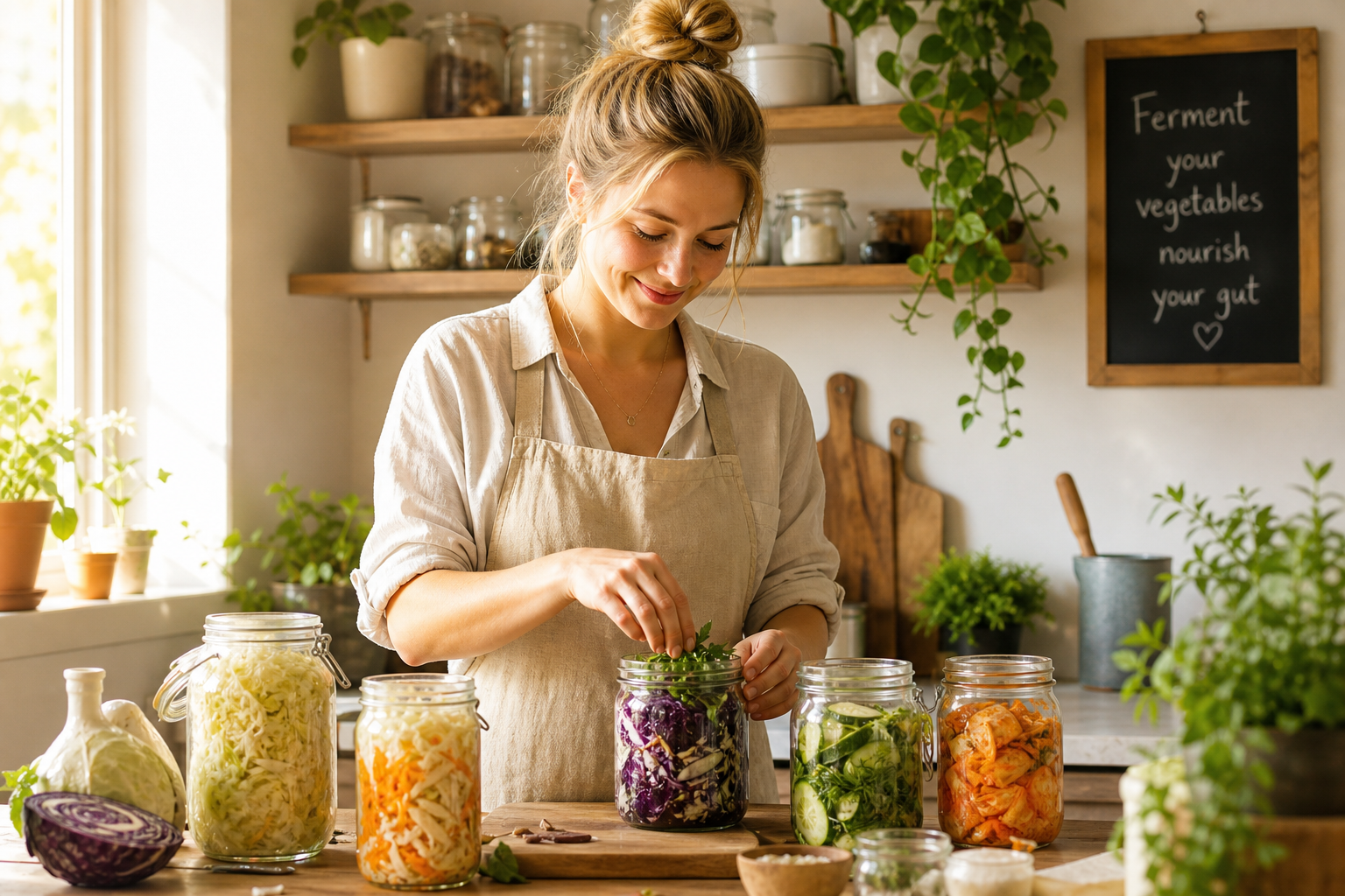 Femme sereine préparant des aliments fermentés en cuisine lumineuse