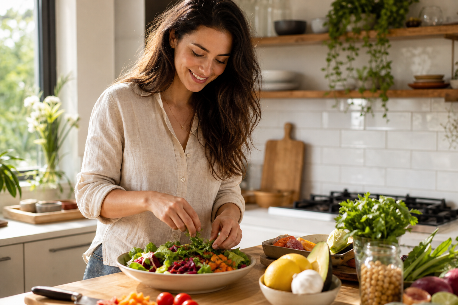 Femme préparant un repas sain et anti-inflammatoire en cuisine
