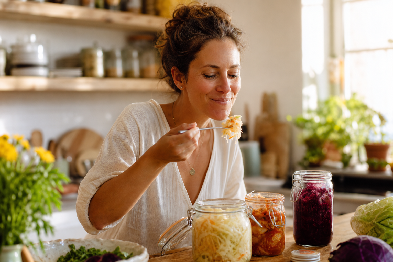 Femme dégustant sereinement un aliment fermenté maison léger