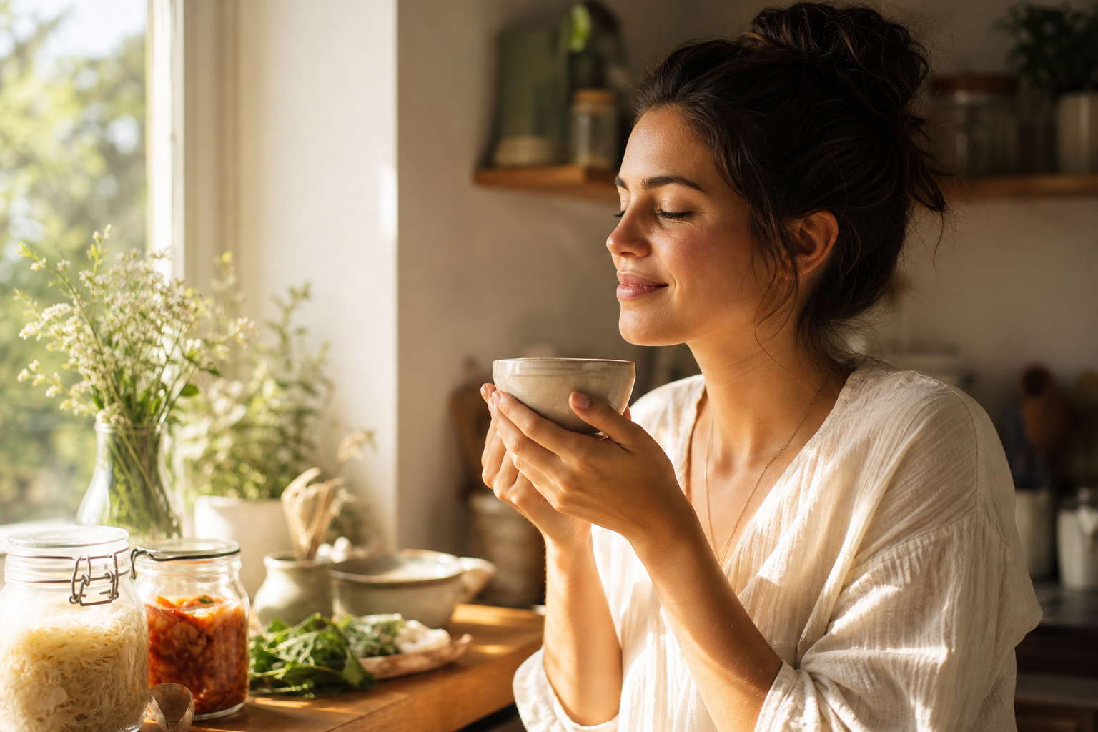 Femme sereine illustrant les bienfaits du microbiote sur les symptômes de la ménopause