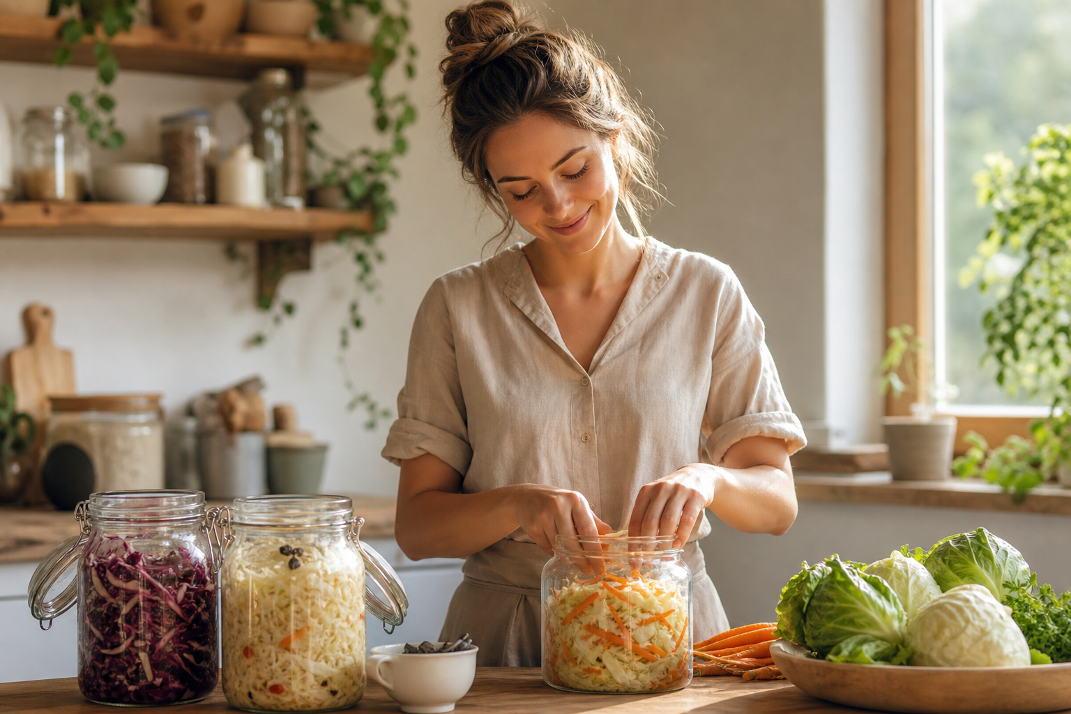 Femme sereine preparant des aliments fermentes pour son bien-etre hormonal