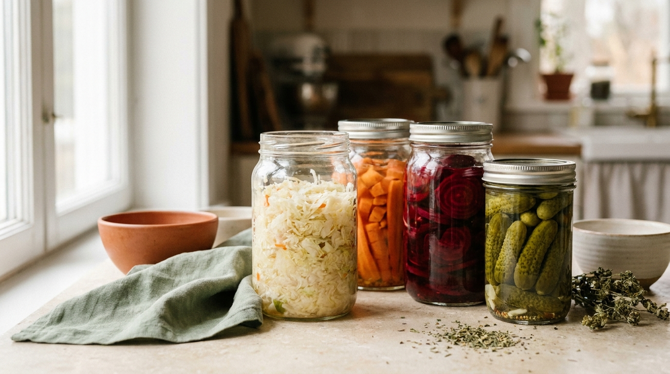 Femme qui prépare des aliments fermentés pour son microbiote grâce à la fermentation maison