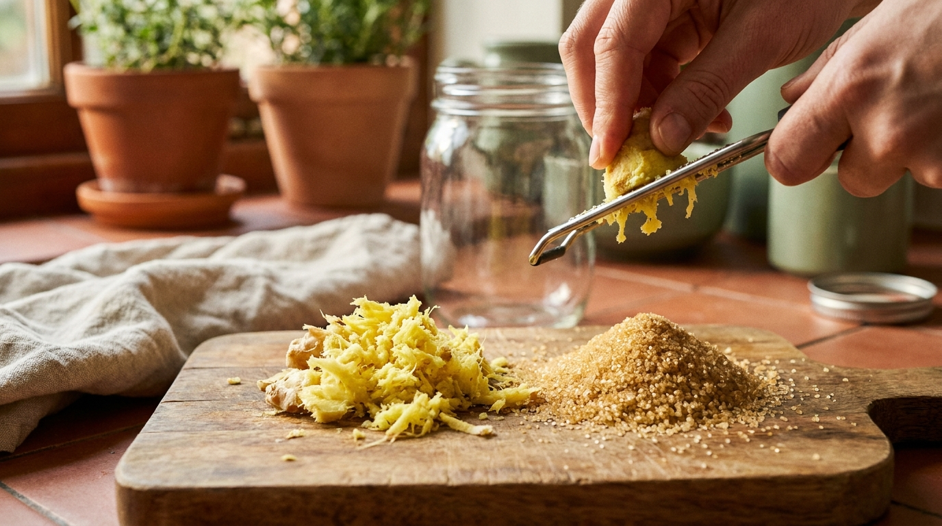 Ingrédients et préparation du ginger bug maison de Murielle avec du gingembre râpé juteux et du sucre roux sur planche en bois