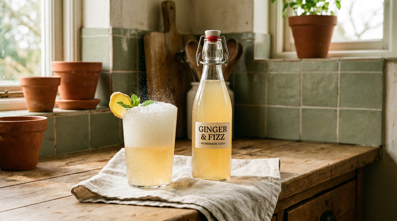 Un verre pétillant de soda de gingembre fermenté naturellement maison avec une tranche de gingembre frais, à côté de sa bouteille