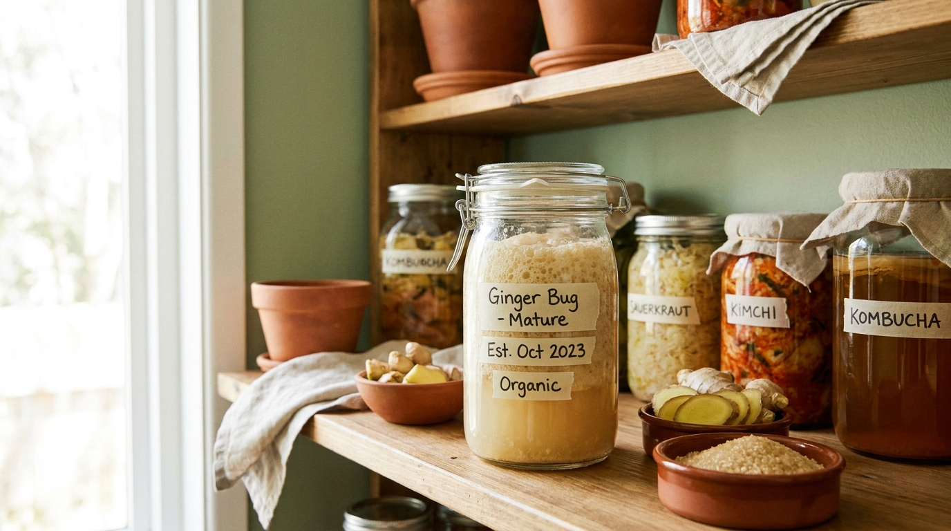 Bocaux de fermentation artisanale saine et de ginger bug en gros plan dans un garde-manger de cuisine rustique et chaleureuse