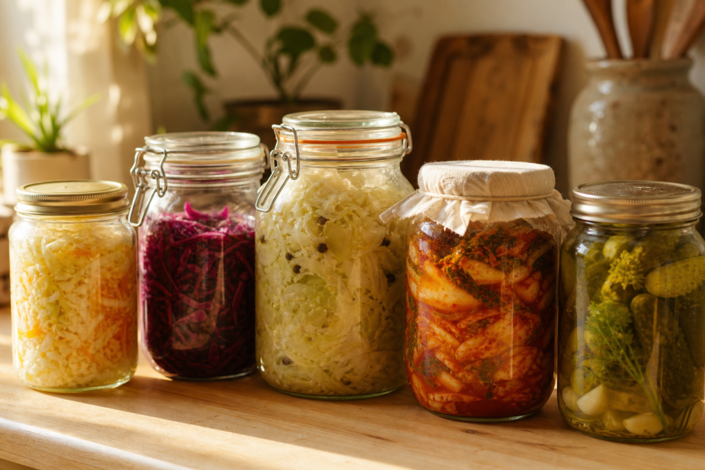 Bocaux de fermentation maison illustrant histamine fermentation aliments à surveiller