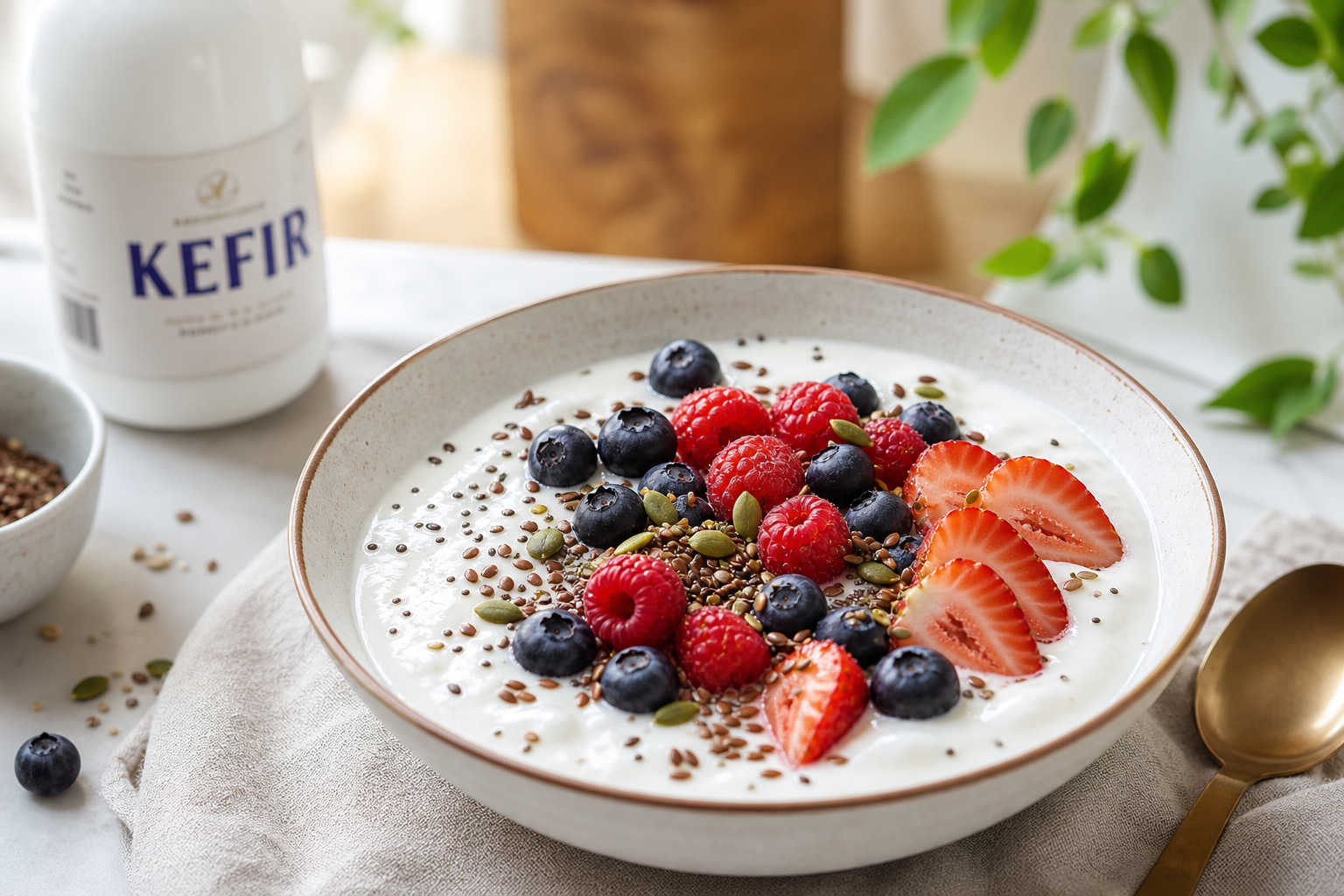 Bol de kéfir et fruits frais pour apaiser humeur et microbiote