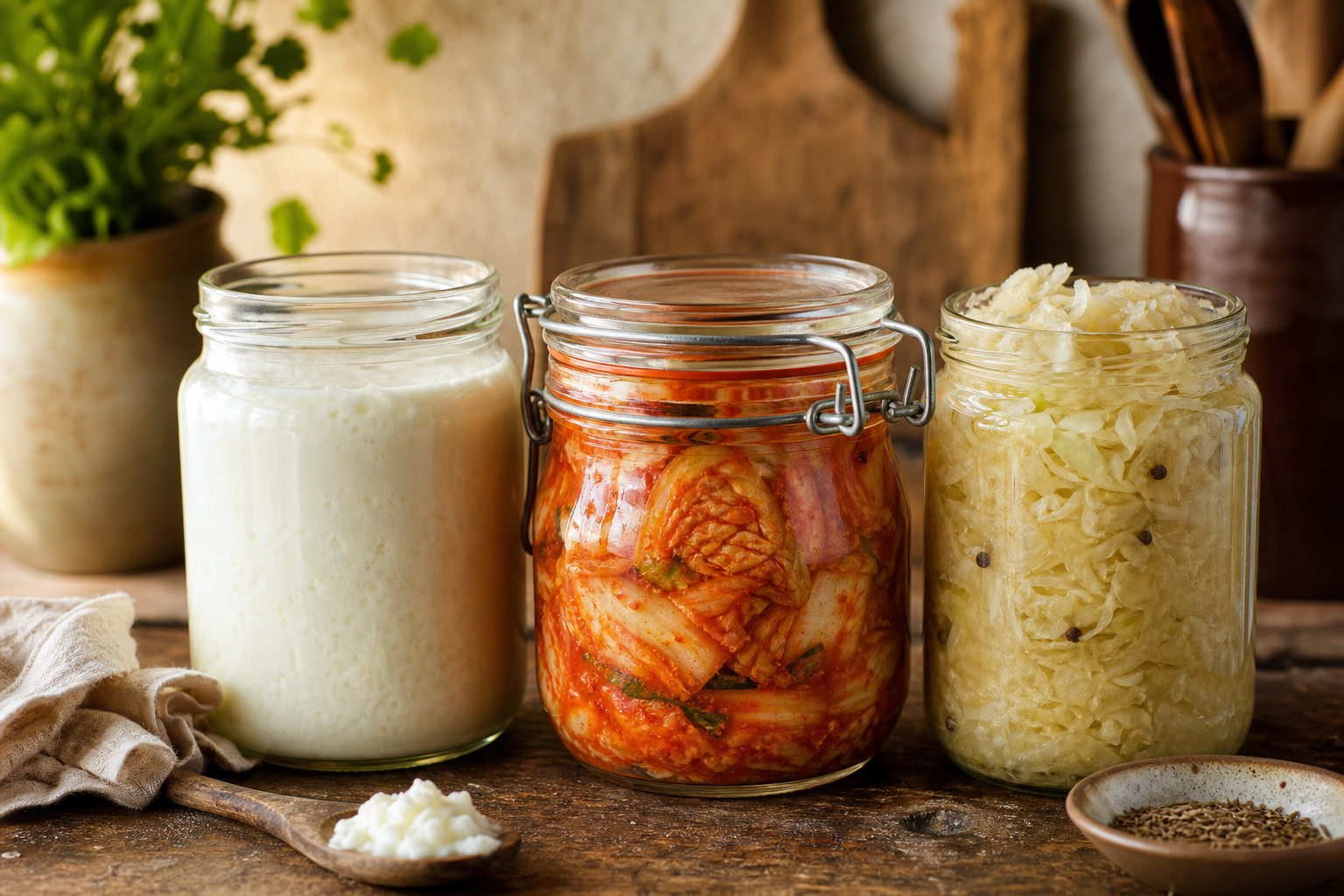 Bocaux de kéfir et kimchi maison pour soutenir le microbiote féminin