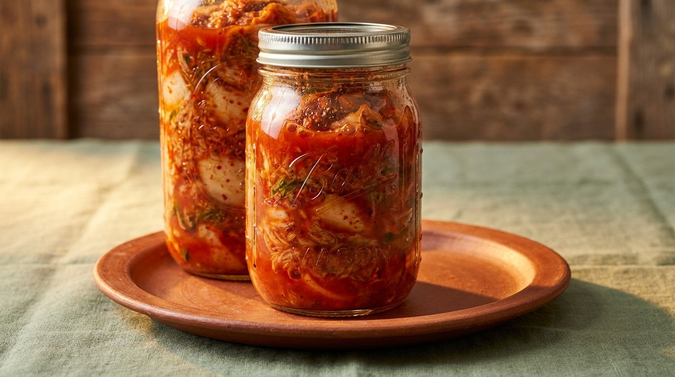 Kimchi maison dans un bocal en verre pendant la fermentation