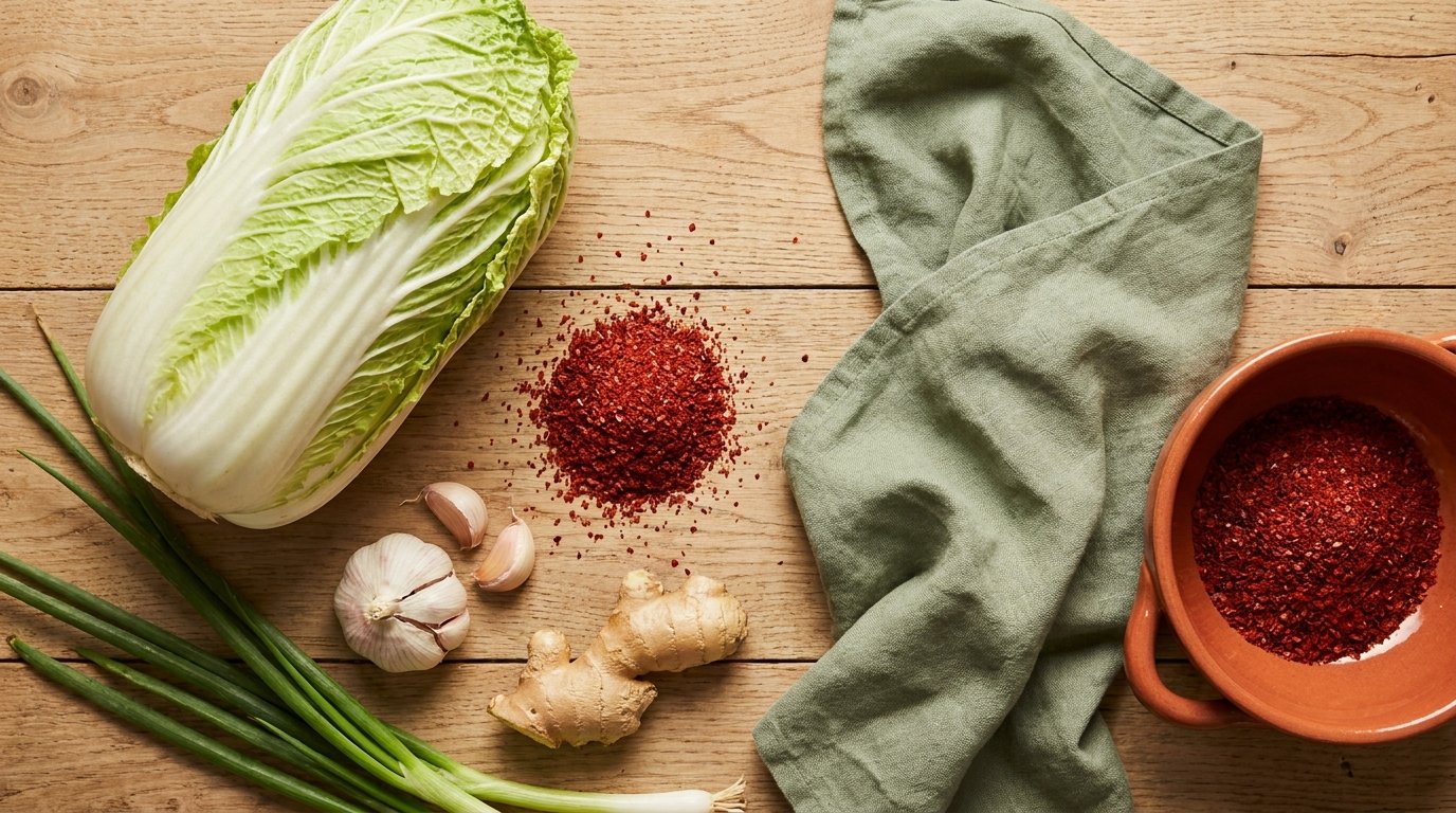 Chou chinois, gochugaru, ail et gingembre pour préparer un kimchi maison