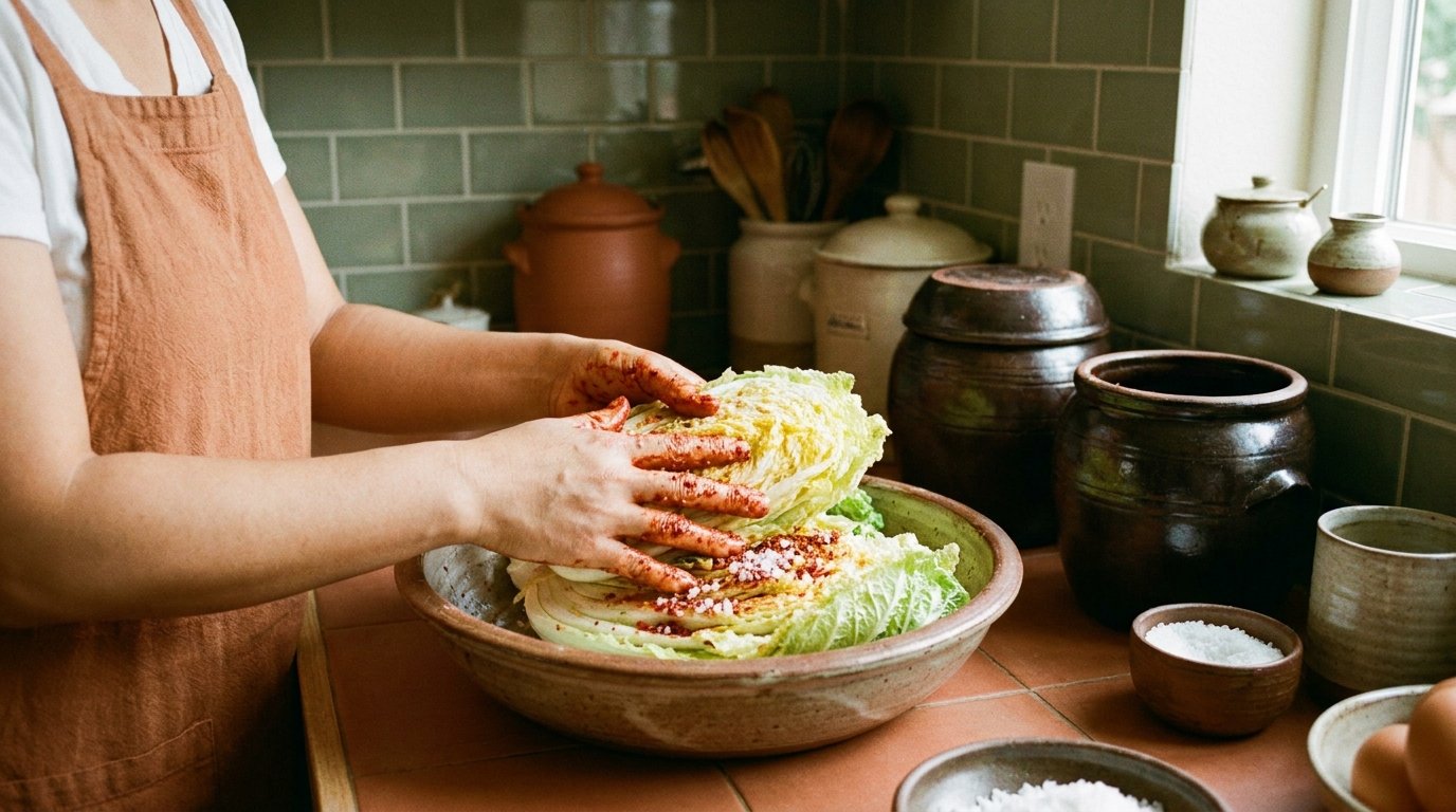 Préparation du kimchi maison avec du chou chinois et une pâte au gochugaru