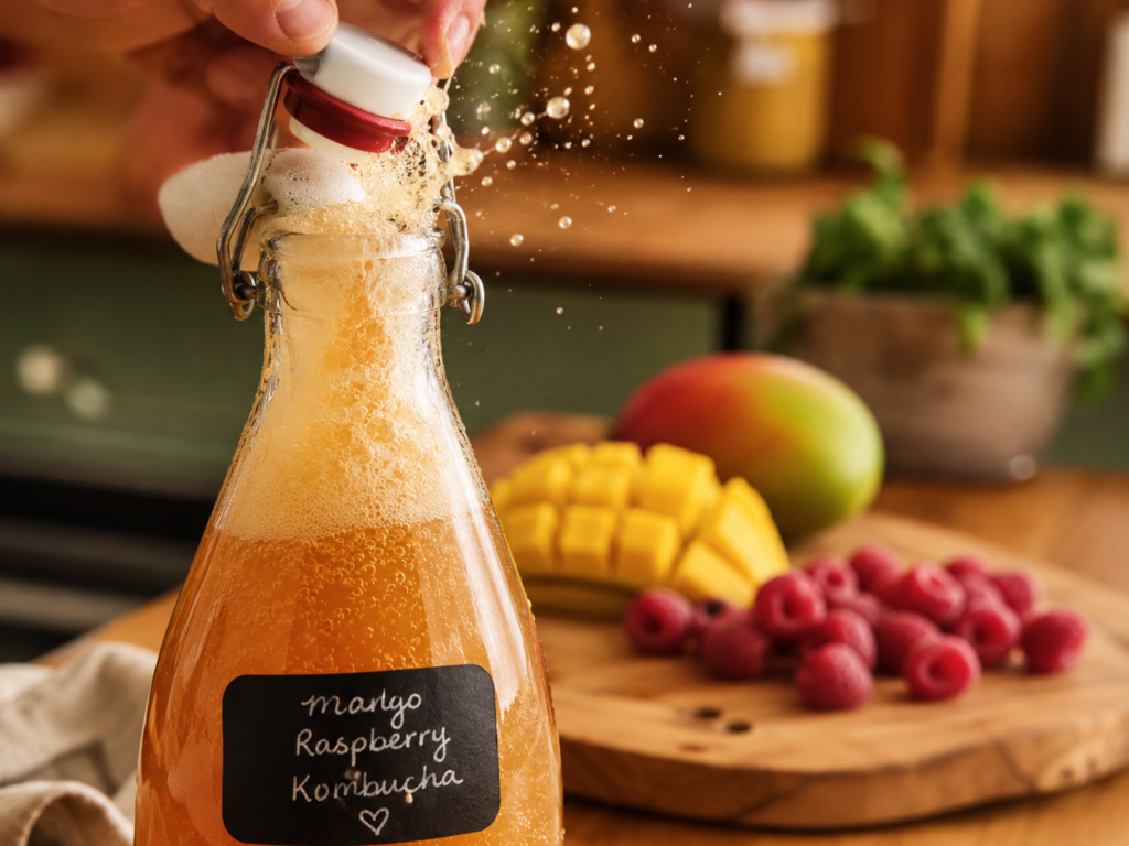 Bouteille de kombucha deuxième fermentation ouverte avec bulles pétillantes, mangue et framboises en arrière-plan