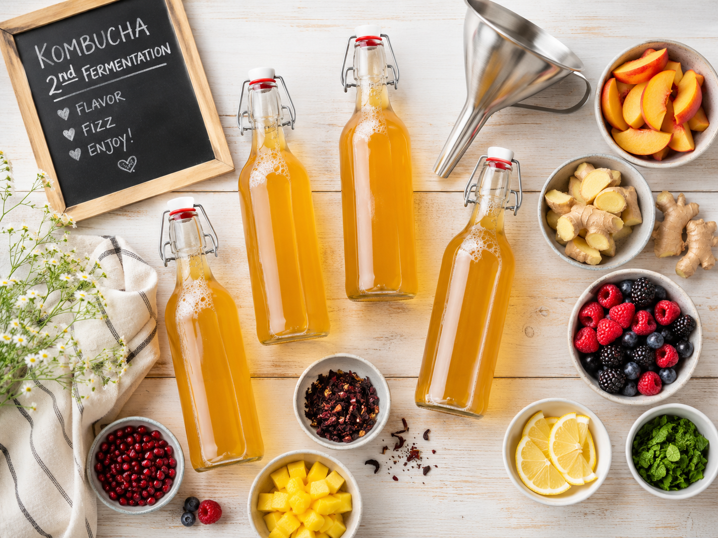 Vue du dessus du matériel pour le kombucha deuxième fermentation : bouteilles, entonnoir, fruits frais, gingembre et baies