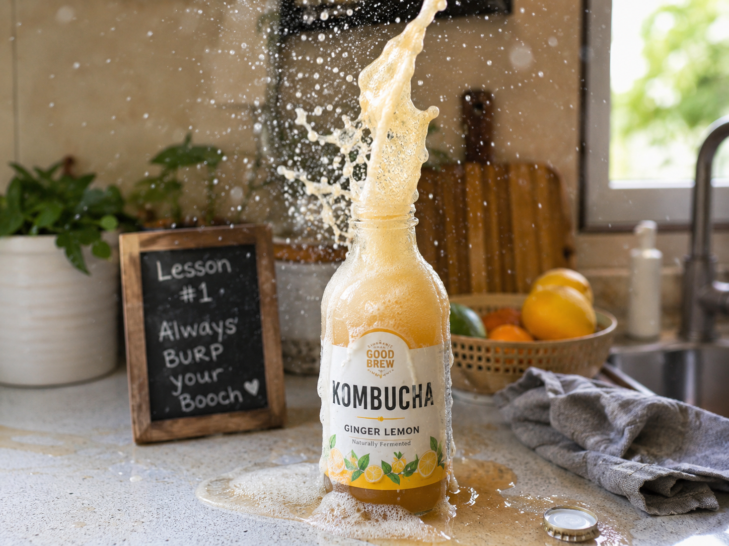 Bouteille de kombucha deuxième fermentation qui explose, leçon numéro un toujours dégazer