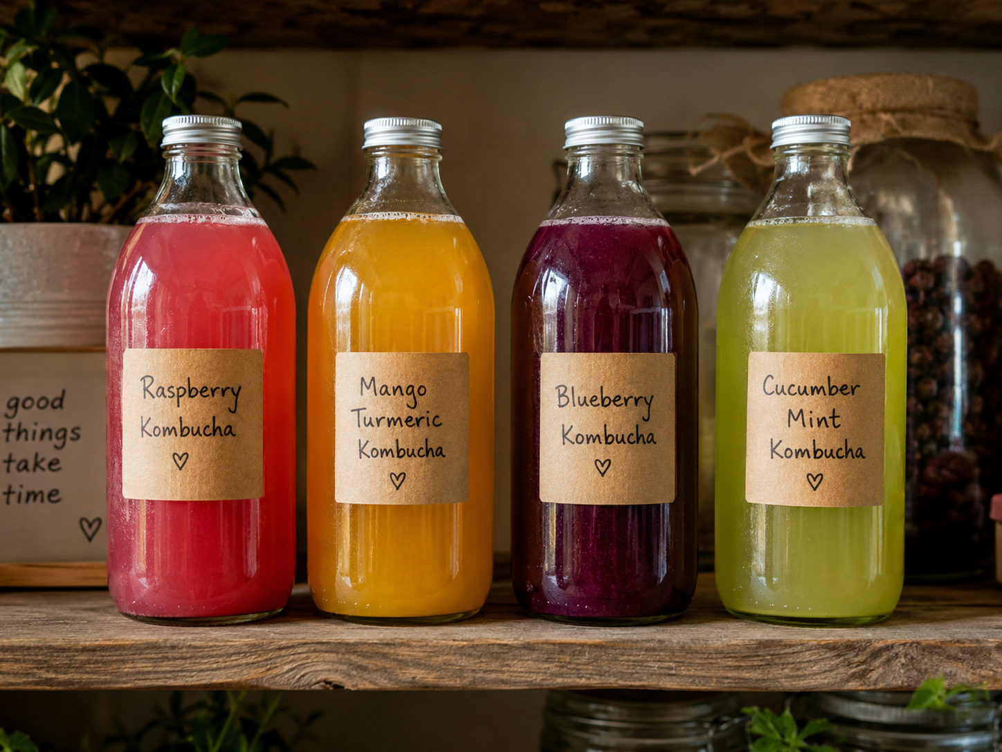 Quatre bouteilles de kombucha deuxième fermentation aux saveurs framboise, mangue curcuma, myrtille et concombre menthe