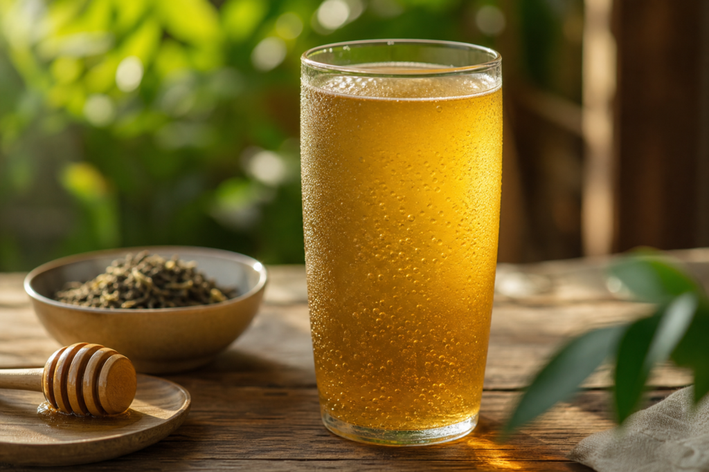 Verre de kombucha jun doré et pétillant au thé vert et miel