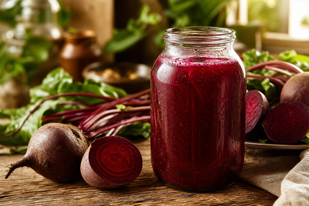 Bocal de kvas de betterave rouge rubis posé sur une table en bois