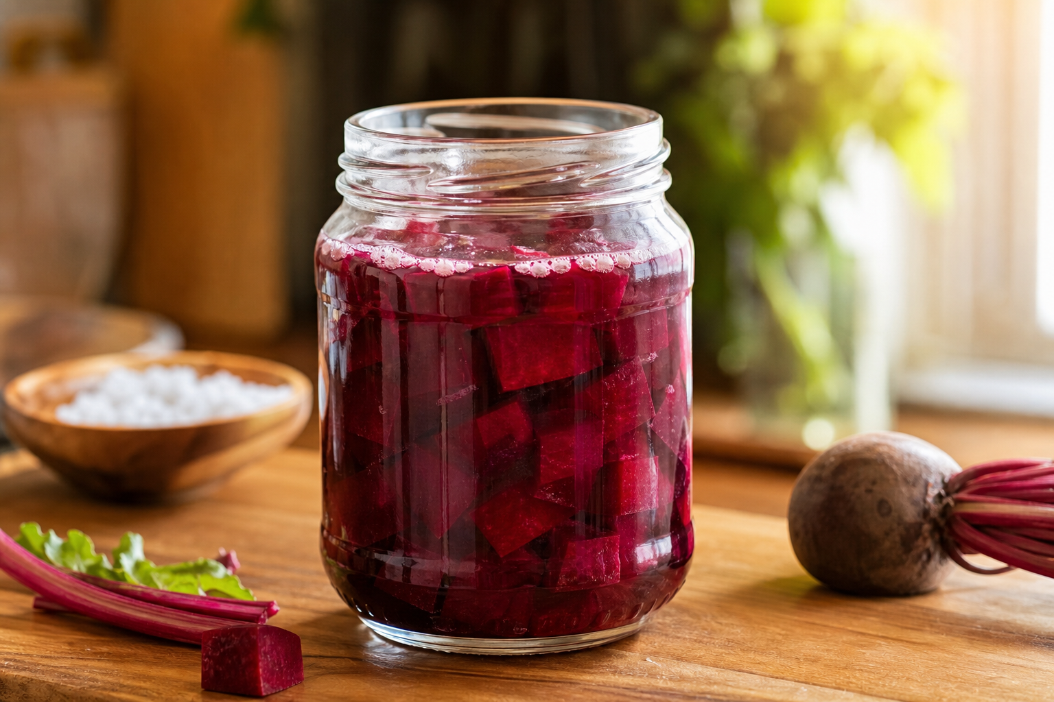 Kvas betterave maison recette : cubes de betterave prêts à fermenter dans leur bocal