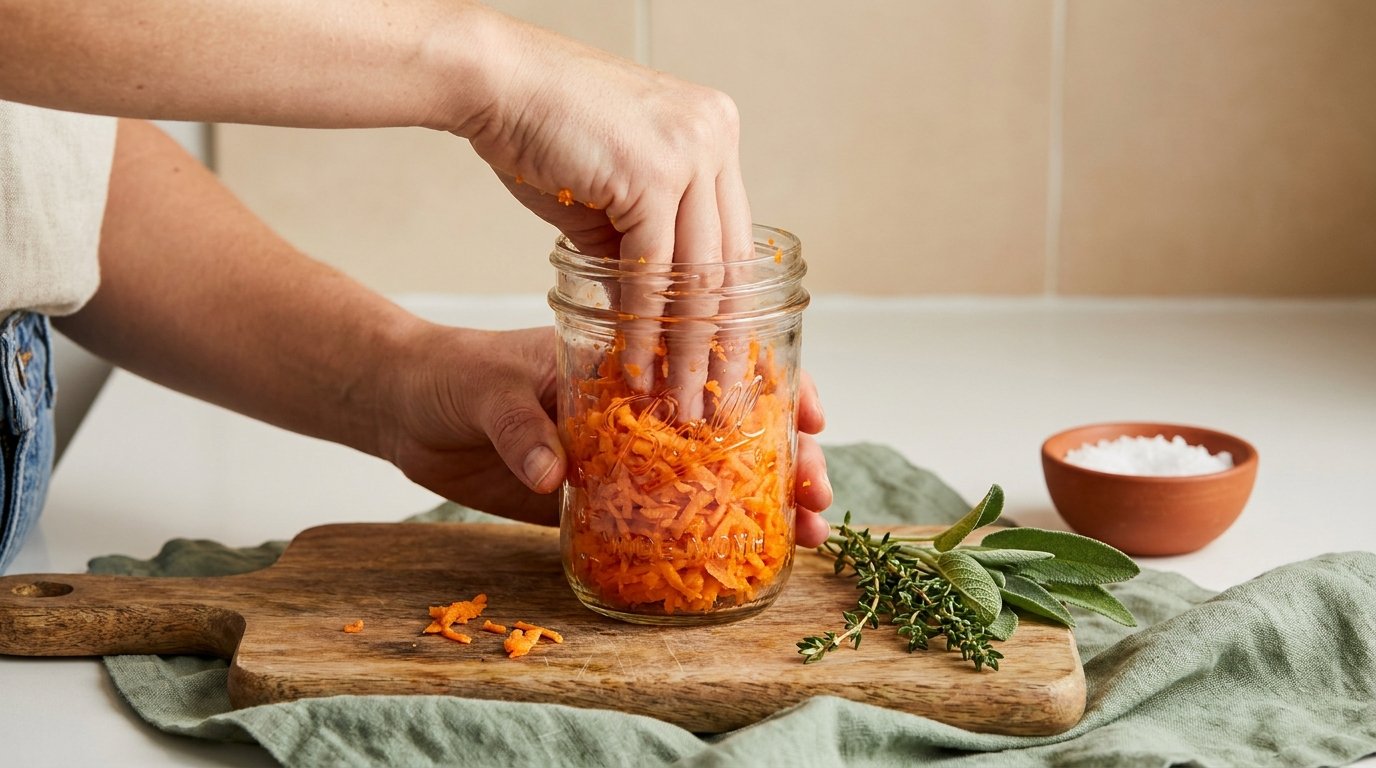 Mains qui tassent des carottes râpées dans un bocal pour la lactofermentation des légumes