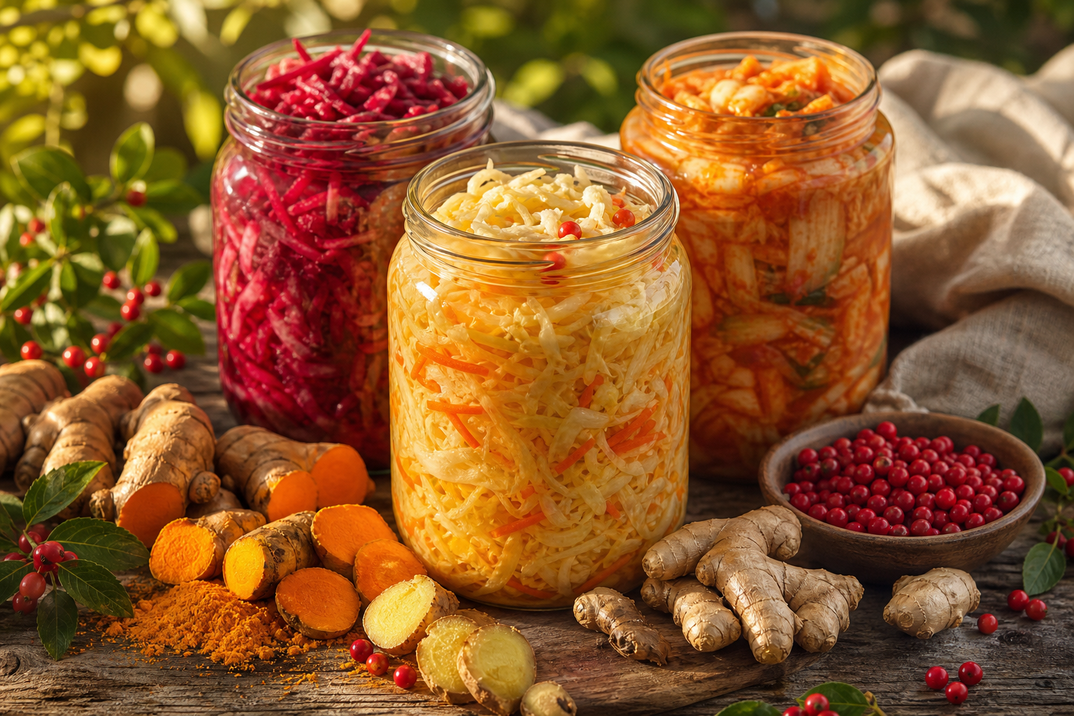Bocaux de légumes fermentés et épices anti-inflammatoires colorées