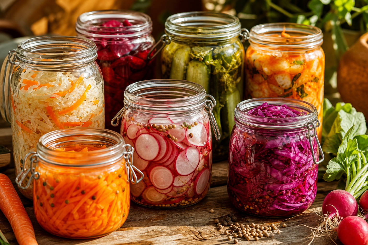 Légumes lactofermentés frais préparés en bocaux colorés maison
