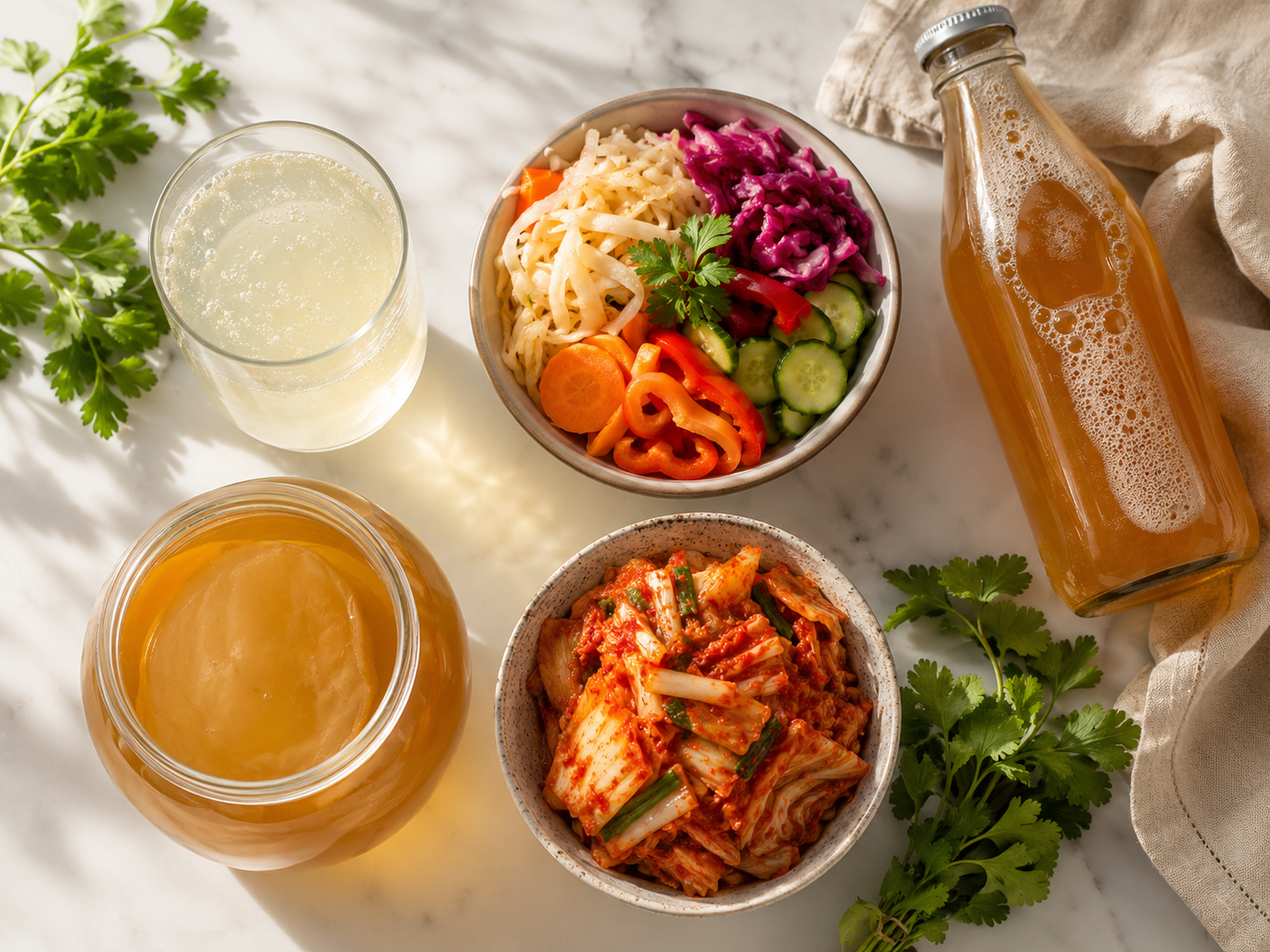 microbiote perte de poids aliments fermentés kéfir légumes lactofermentés kombucha kimchi vue en plongée