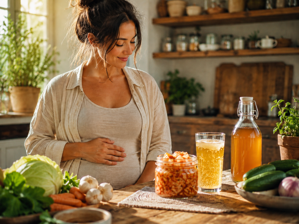 femme touchant son ventre plat dans une cuisine avec aliments fermentés kéfir kimchi kombucha sur table en bois